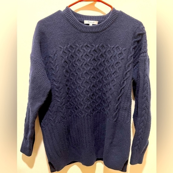 Madewell Patchwork Chunky Cable Knit Tunic Sweater, Medium, Navy - Picture 1 of 4